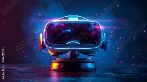 A futuristic virtual reality headset displays a vibrant cosmic scene illuminated with neon blue and pink light high quality professional detailed