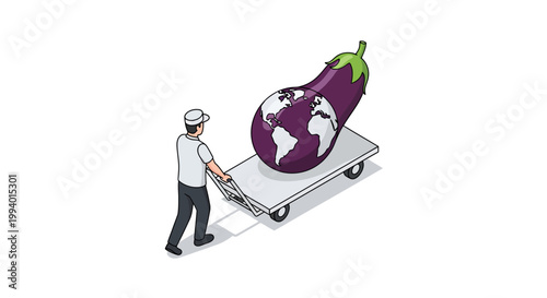 Conceptual Illustration of a Man Transporting an Eggplant Globe.