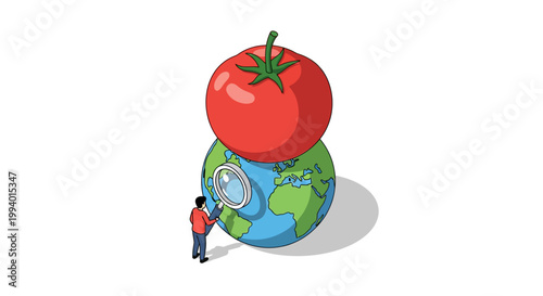 Conceptual Illustration of a Tomato on Earth with a Person Examining.