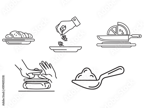 Culinary icons representing ingredients and preparation for cooking and food creation