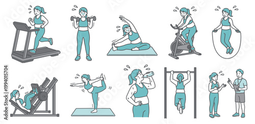 様々な運動を辛そうにするぽっちゃり成人女性の10点セットイラスト