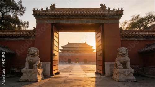 Majestic Gate: Capture the serenity of a historic gate framing a breathtaking sunrise, revealing intricate architectural details and time-honored artistry. 