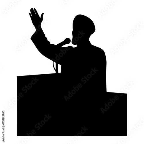Silhouette of speaker at podium giving speech, vector illustration