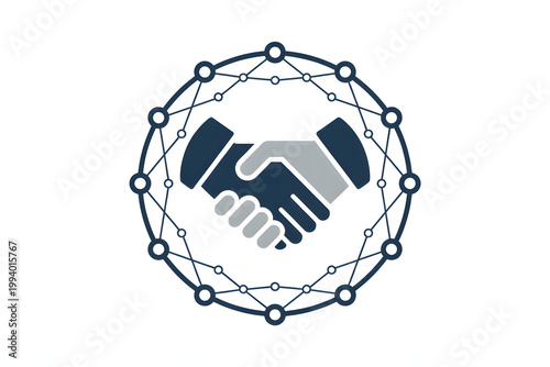 A handshake icon surrounded by a network of connected nodes and lines