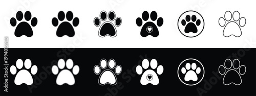 Animal paw print icon set solid, outline, heart and circle style vector illustration.