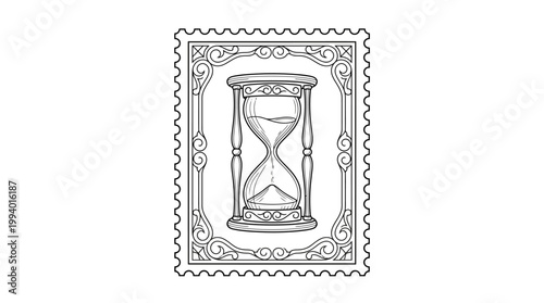 Intricate line art drawing of a vintage hourglass within a decorative postage stamp frame, symbolizing time and history.