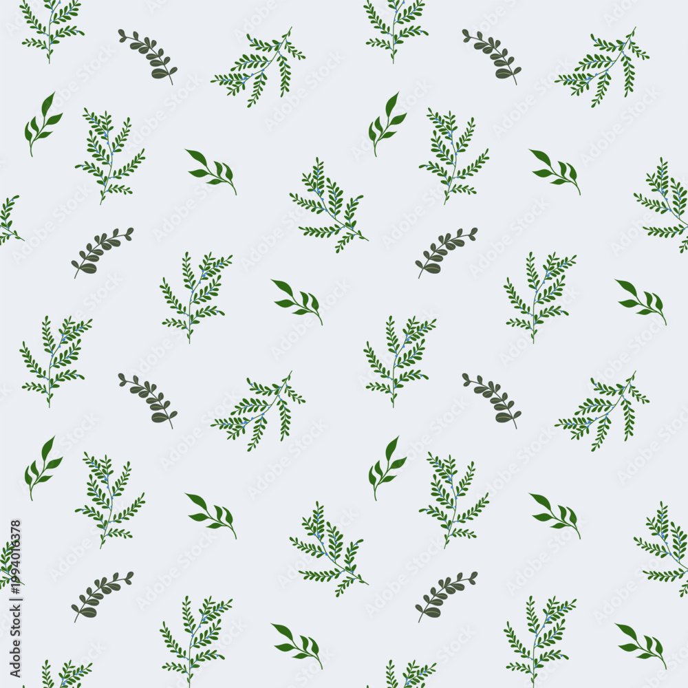 Fototapeta premium Soft Blue Seamless Pattern with Various Green Ferns and Leaves