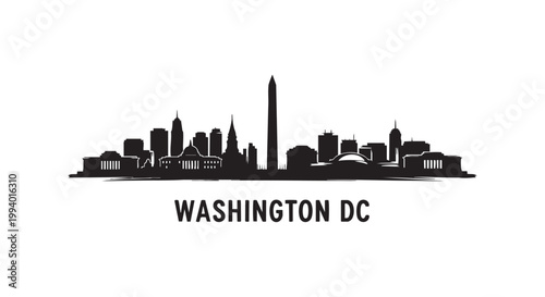Washington dc skyline silhouette illustration with city buildings and famous landmarks.