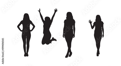 Women silhouettes in different poses jumping standing and waving hand representing active lifestyle and happiness vector.