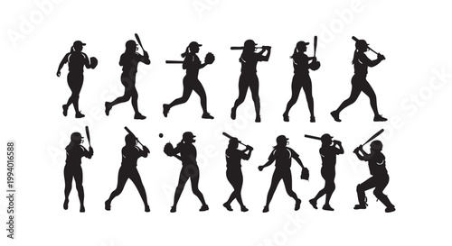 Women softball players in action batting pitching catching and running isolated on white background.