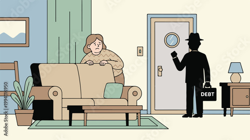 Woman in Distress Watching Man with Debt Briefcase Knock on Door