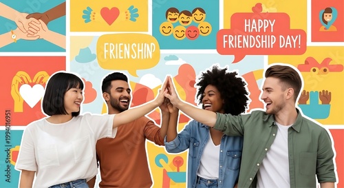 Four smiling diverse young adults high-five each other against a vibrant collage background of hand-drawn friendship-themed icons and text.