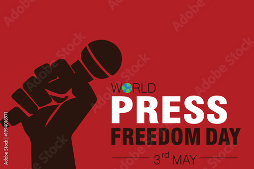 Silhouette hand holding microphone, bold red background, World Press Freedom Day awareness design. eps 10