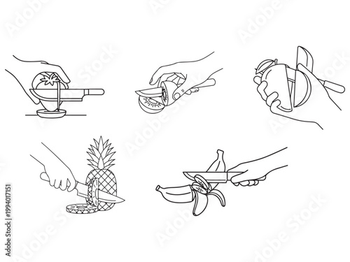 Illustrations depicting the manual preparation of fruits and vegetables