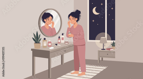 Evening skincare routine at the vanity by the moonlit window in a cozy bedroom.