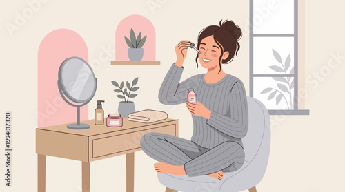 Young woman applying makeup at a vanity in a cozy pink room with plants and natural light.