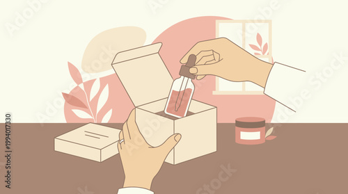 Illustration of hands exchanging a package with a bottle and plant inside a box, depicting gift and delivery concept.