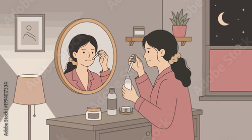 Woman applying makeup at vanity mirror in cozy bedroom setting.