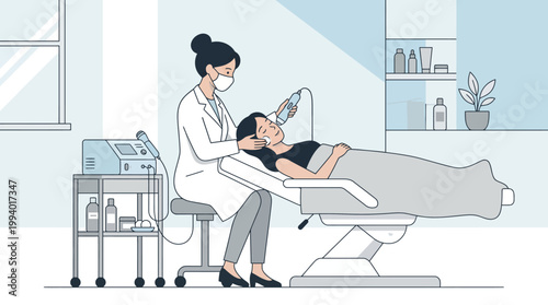 Dental checkup scene with dentist and patient in clinic room with dental chair.