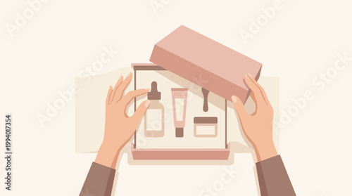Hands arranging a small cardboard box with items for packing and organization.