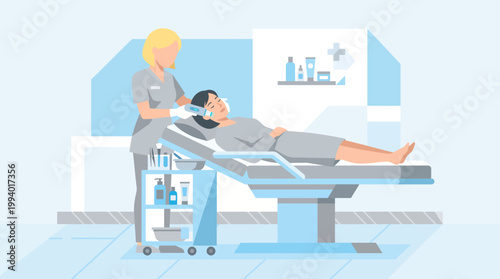 Medical imaging procedure in hospital CT scanner with patient and caregivers.
