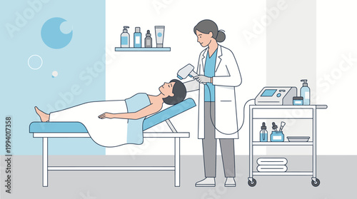 Medical examination and treatment of patient by healthcare professional in hospital room.