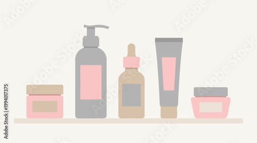 Assorted cosmetic bottles and jars arranged on a bathroom shelf with a pastel color theme.