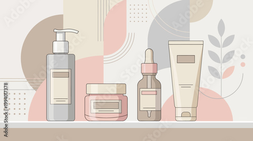 Assorted skincare products arranged on a flat lay display with pumps, tubes and jars for beauty and personal care.