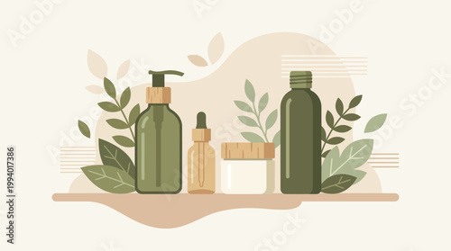 Illustration of skincare bottles with green plants and natural decor.