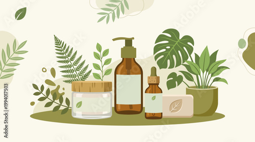 Natural skincare display featuring herbal botanicals, green plants, and glass bottles.