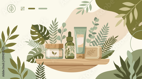 Illustration of Skincare Products and Botanical Greens Arranged on a Wooden Tray.