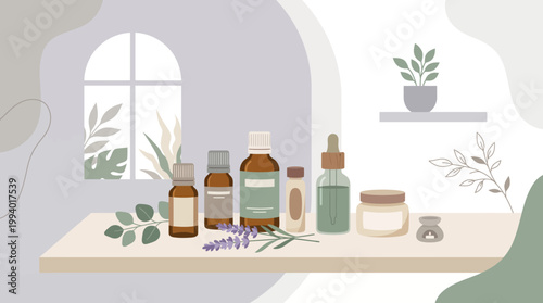 Illustrated still life of natural remedies and herbs on a kitchen counter with bottles and jars.