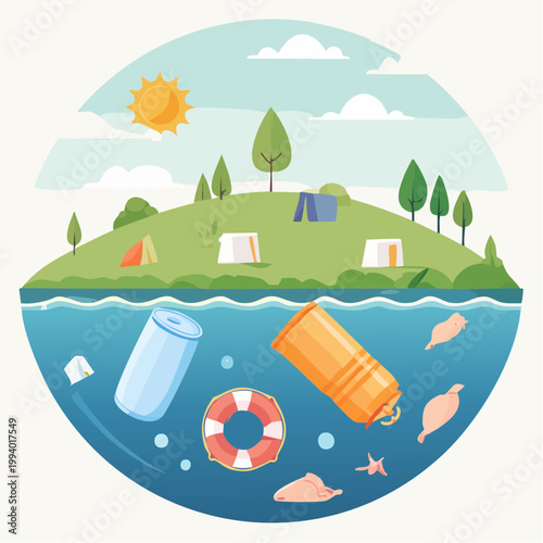 Environmental pollution in oceans and on land with garbage and camping sites
