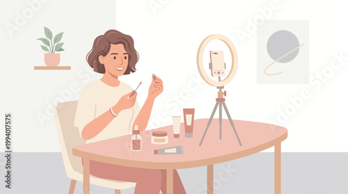 Woman applying makeup at a cozy vanity with mirror and ring light in a home setting.