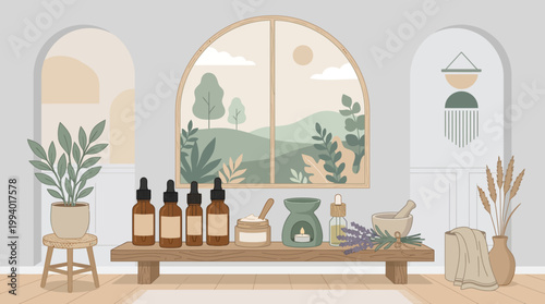 Cozy interior cafe scene featuring bottles, potted plants, and warm light in a decorative illustration.