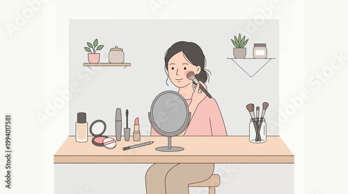 Young woman sits at a vanity applying makeup in front of a mirror with cosmetic tools.