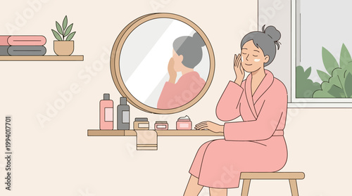 Woman Relaxing in Pink Robe Applying Makeup at Vanity Mirror.