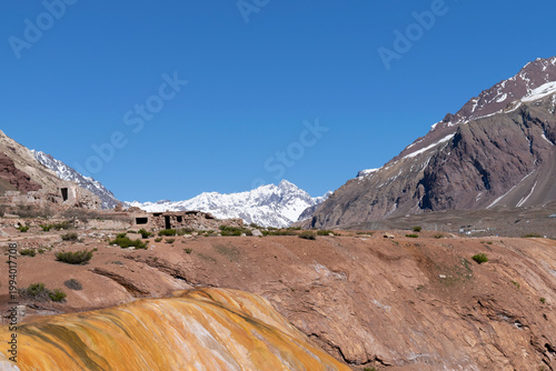 Mendoza andes landscape showcasing thermal spring and old buildings