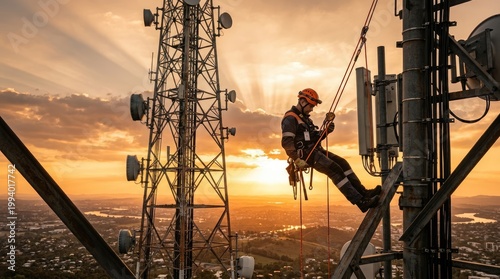 A worker is climbing a tall cell tower during sunset. He is secured with a safety harness and rope.