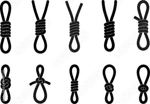 Collection of rope knots and loops isolated on white background nautical elements