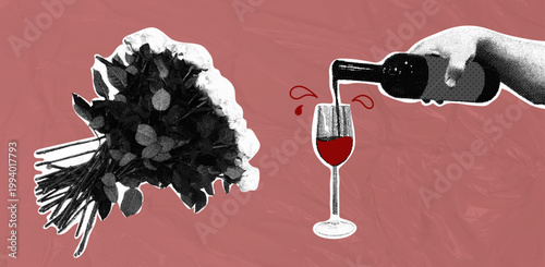 A hand pouring red wine into a glass next to a bouquet of flowers. Trendy halftone collage. Concept of a romantic dinner with a drink and a gift. Celebrating an anniversary or Valentine's Day in a