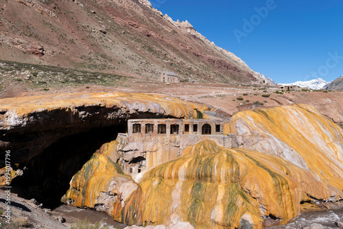 Puente del inca natural bridge formation with historic thermal hotel ruins