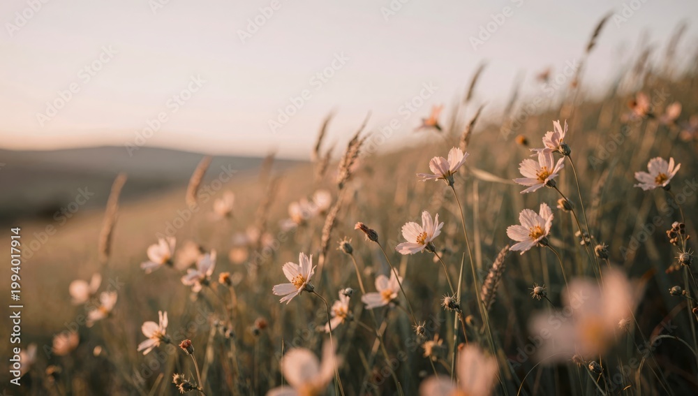 Fototapeta premium Soft focus landscape of wild cosmos flowers swaying in breeze on grassy hillside during golden hour sunset creating dreamy romantic atmosphere for nature photography and peaceful environment concept