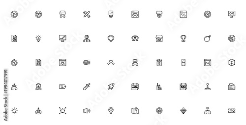 Game Development icon set. Vector icons pack for video game design, programming, and launch. Includes symbols for coding, VR, console, bug, shield, trophy, sword, and more. Editable stroke.