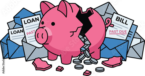 Broken Piggy Bank Surrounded by Past Due Bills and Loan Notices