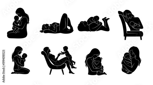 Motherhood Silhouette Collection: Diverse Poses of Nurturing Mother and Child Moments
