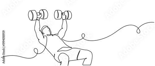 A person is performing a dumbbell bench press exercise. in Single continuous line drawing Editable stroke.