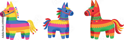 Colorful Mexican piñata donkey set with festive patterns isolated on white background, traditional party decoration vector illustration