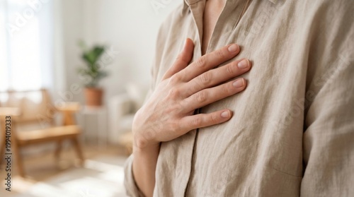 Obraz na plátně Close up of a person's hand placed over their heart representing gratitude relie