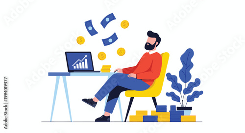 Man sitting at desk with laptop and money raining down